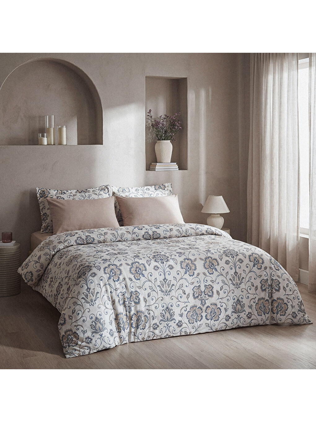 Ekru Verona Zarif Bahçe Battal Boy %100 Ege Pamuğu Nevresim Takımı - Çarşaflı - 4 Yastıklı Krem-Kahve-2