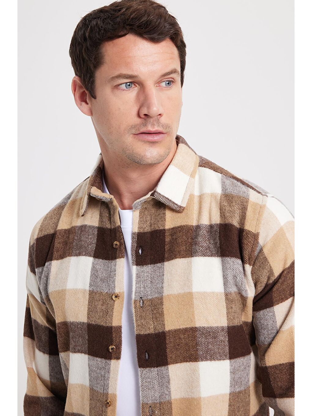 Ekru Erkek Slim Fit Dar Kesim Kareli Kışlık Oduncu Gömlek-1