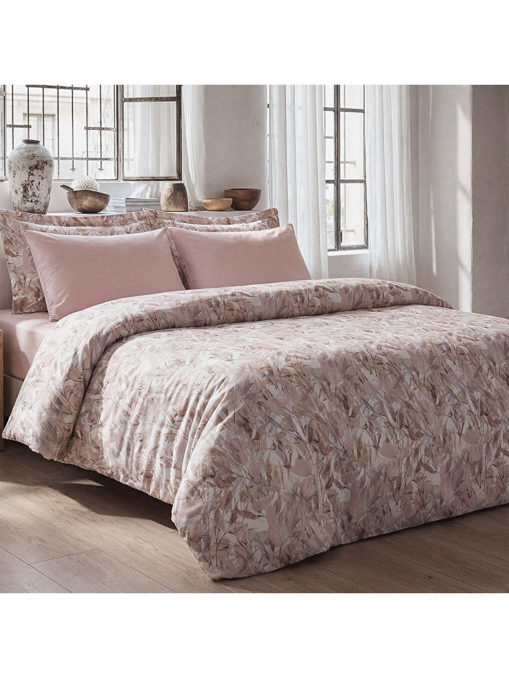 Pembe Botanica Doğa Fısıltısı Çift Kişilik %100 Ege Pamuğu Nevresim Takımı - Çarşaflı - 4 Yastıklı Somon