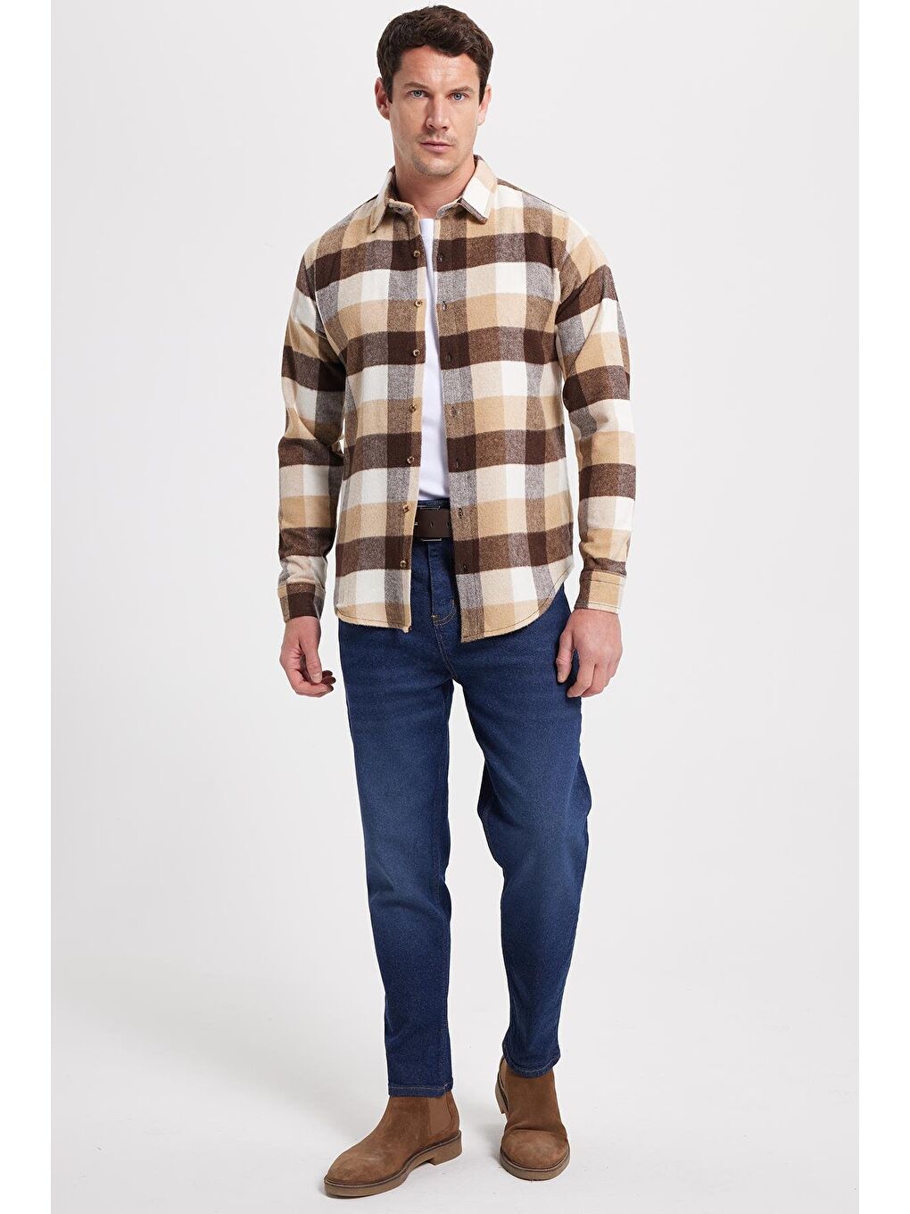 Ekru Erkek Slim Fit Dar Kesim Kareli Kışlık Oduncu Gömlek-2