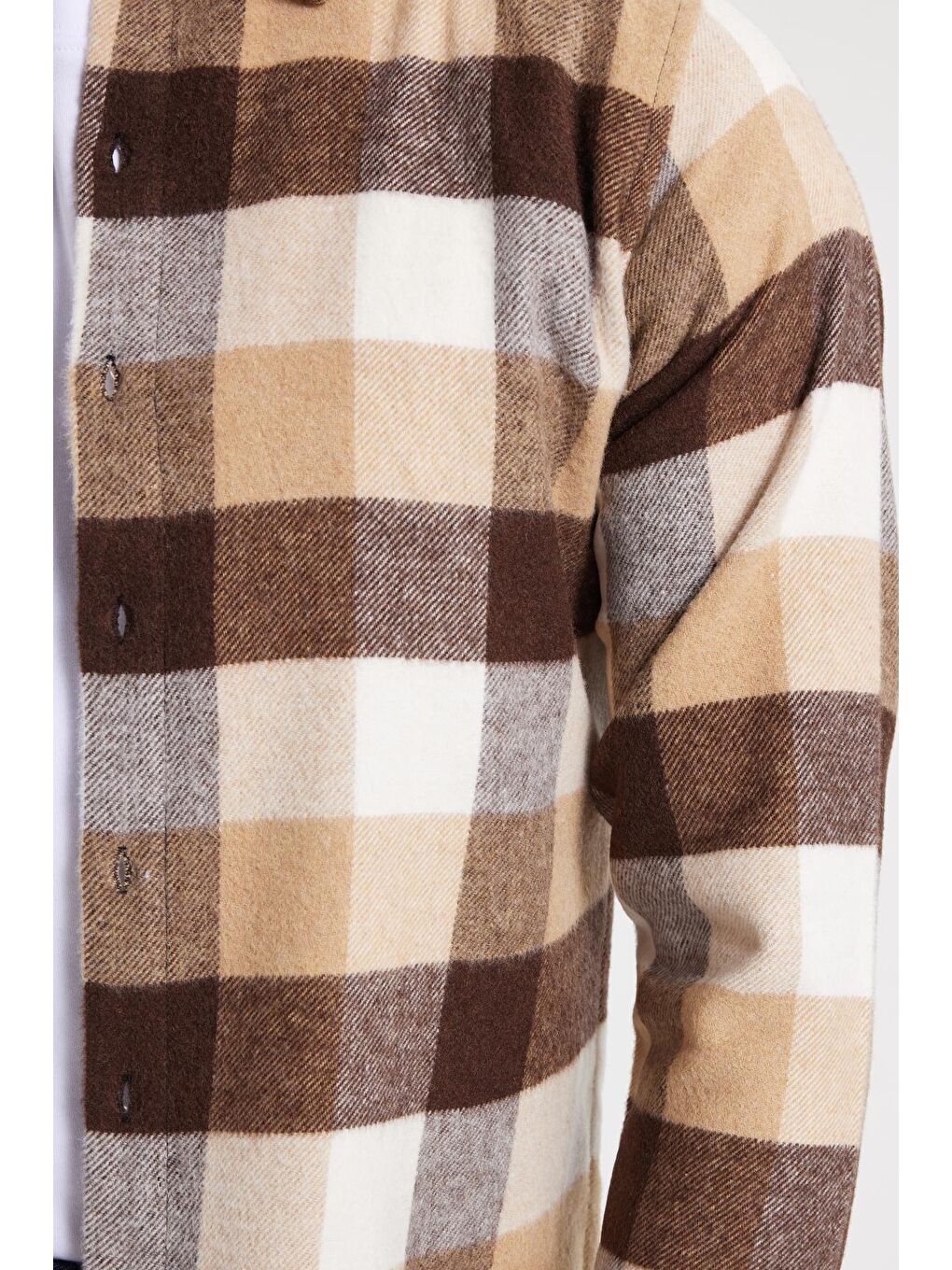 Ekru Erkek Slim Fit Dar Kesim Kareli Kışlık Oduncu Gömlek-3