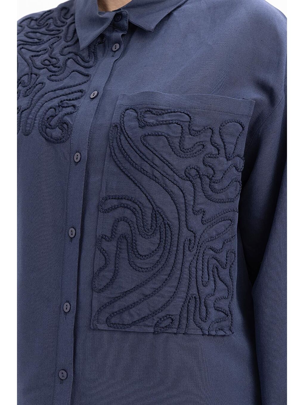 İndigo-Nakış Detaylı Keten Pantolonlu Takım-5