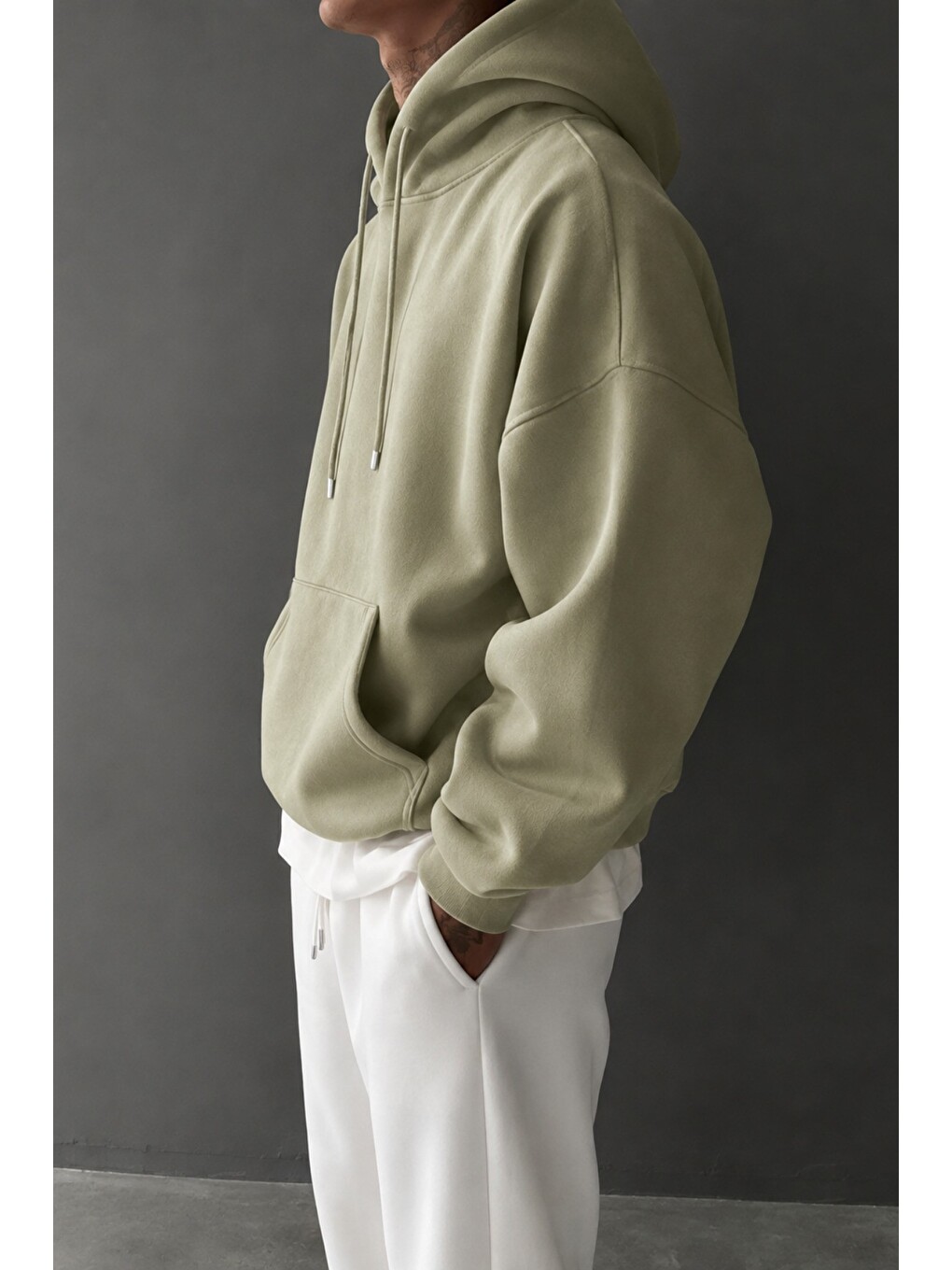 Haki Regular Kapüşonlu Sweatshirt Erkek Unisex 3 İplik Şardonlu %100 Pamuk Basic Hoodie-1