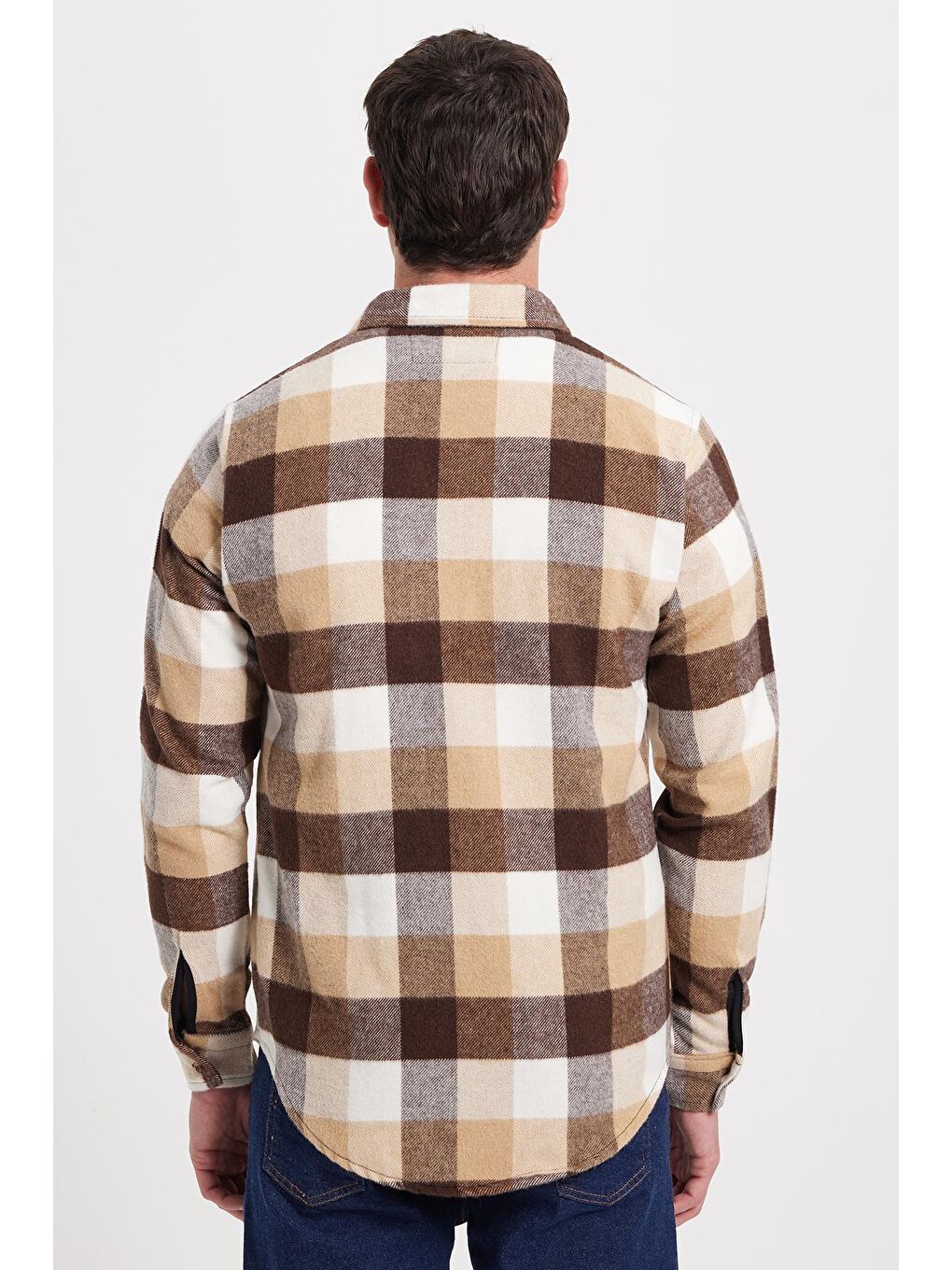 Ekru Erkek Slim Fit Dar Kesim Kareli Kışlık Oduncu Gömlek-5