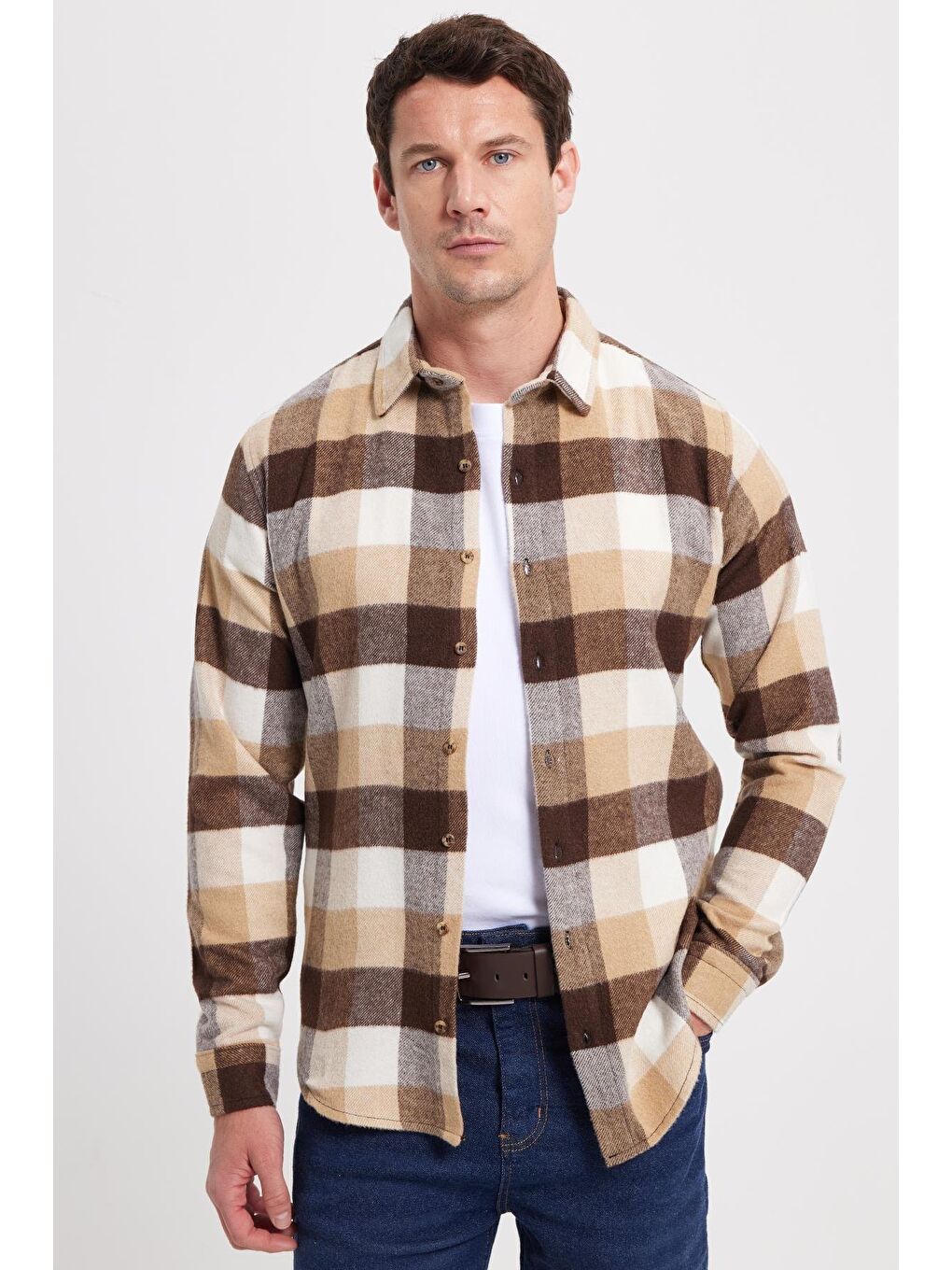 Ekru Erkek Slim Fit Dar Kesim Kareli Kışlık Oduncu Gömlek-6