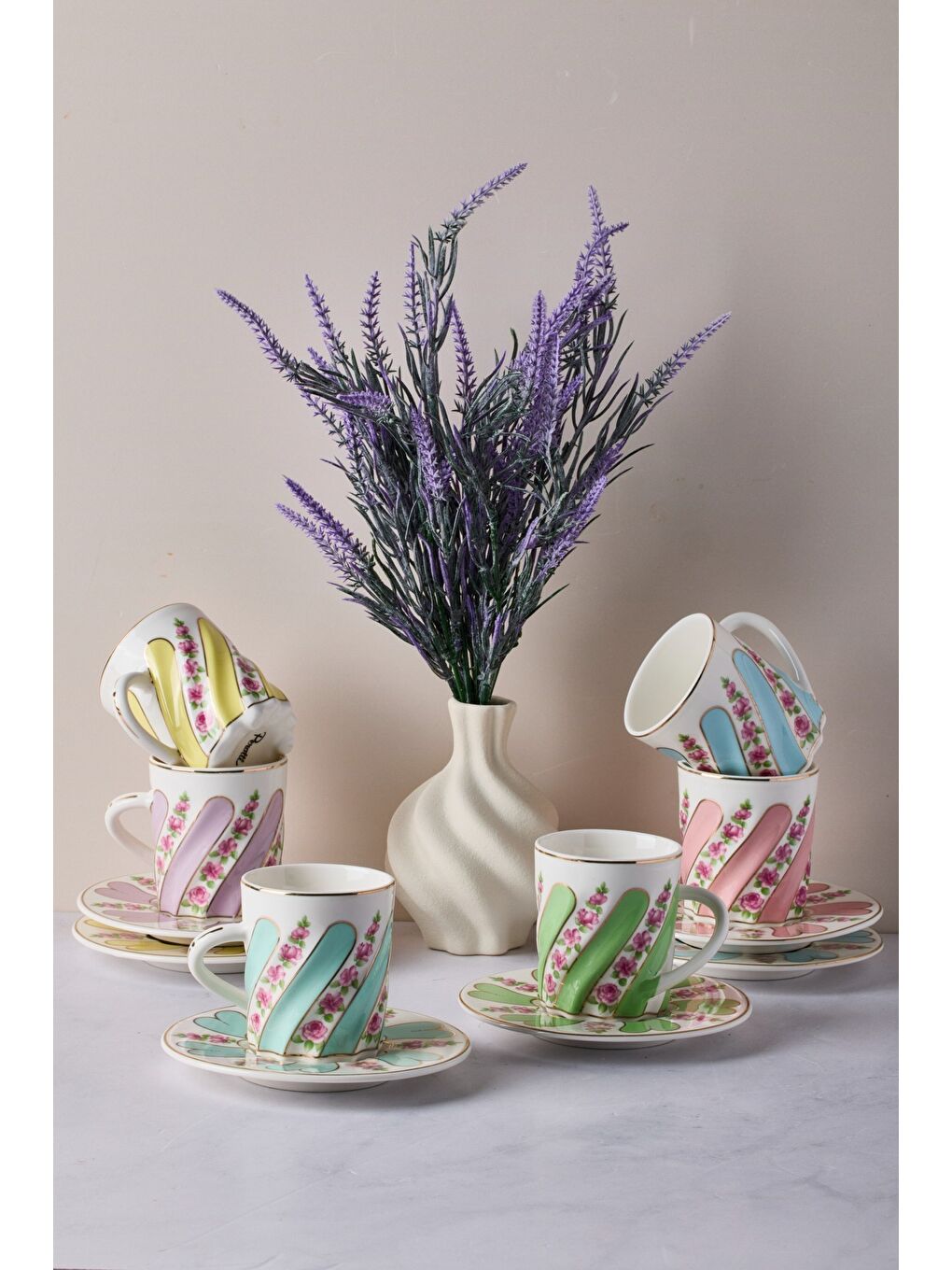 Karışık 16856 Kuzguncuk Renkli 6 Kişilik 12 Parça Porselen Kahve Takımı Dıger Çok Renkli