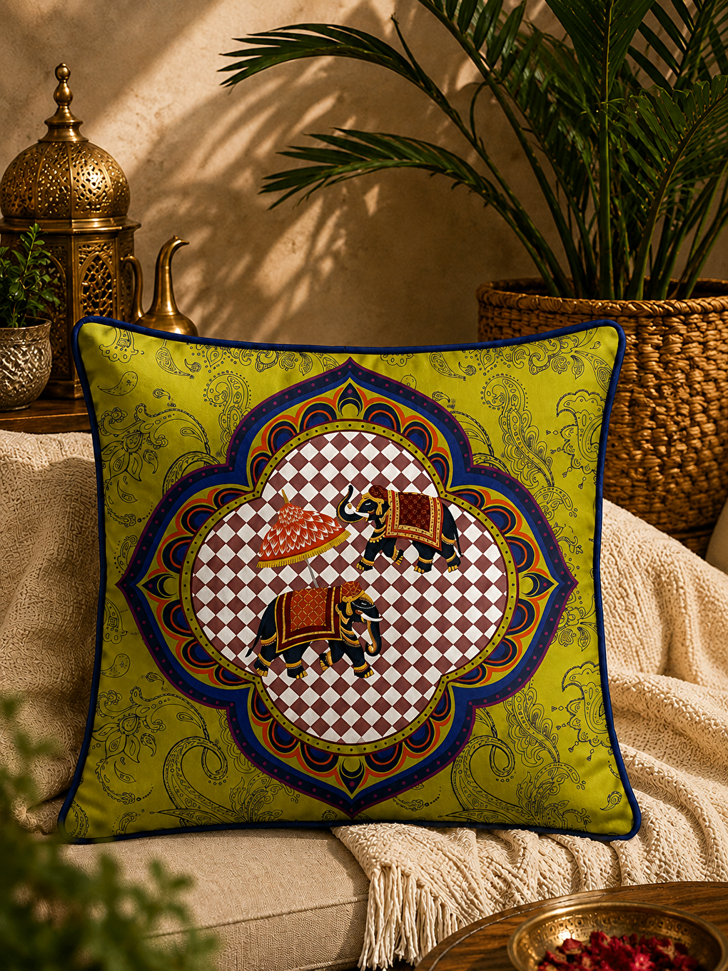 Lacivert Etnik Hint Temalı Fil Figürlü Şal Desenli Biyeli Çeyizlik Dekoratif Kırlent Kılıfı 43x43