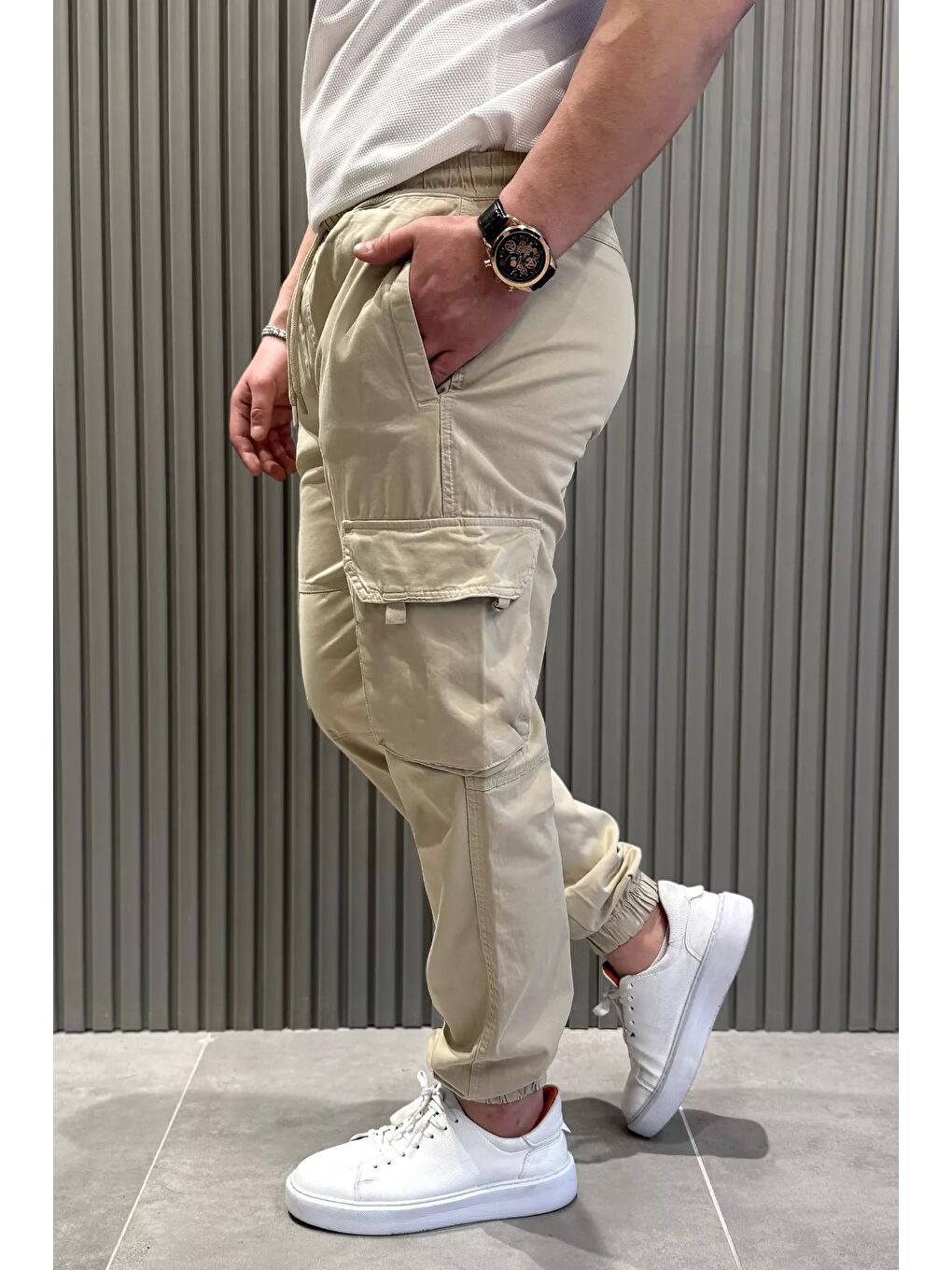 Bej Bel Ve Paça Lastikli Kargo Cepli Erkek Pantolon-1