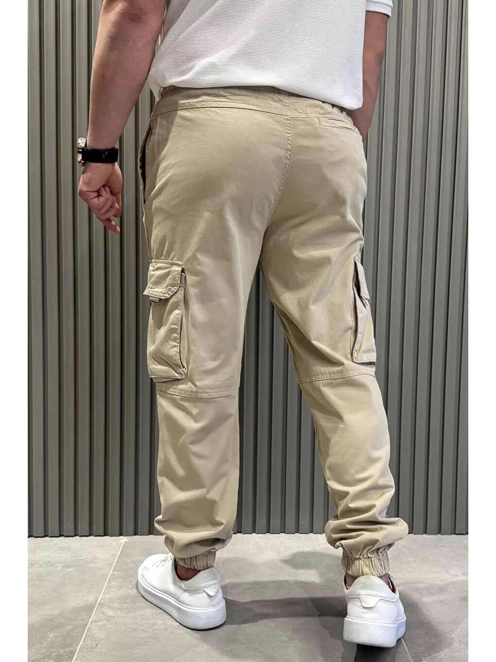 Bej Bel Ve Paça Lastikli Kargo Cepli Erkek Pantolon-2