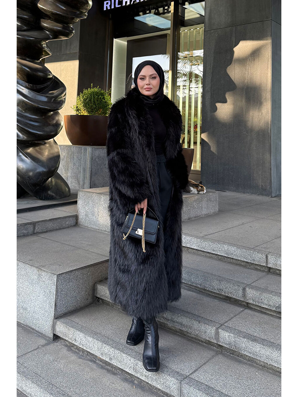 Kadın Kemer Detay Kürk Kaban Siyah