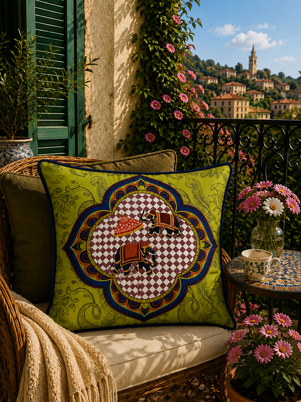 Lacivert Etnik Hint Temalı Fil Figürlü Şal Desenli Biyeli Çeyizlik Dekoratif Kırlent Kılıfı 43x43-1
