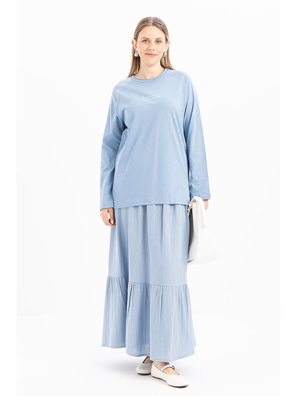 Beyaz Mavi-Pis Dikiş Detaylı Baskılı T-Shirt-1