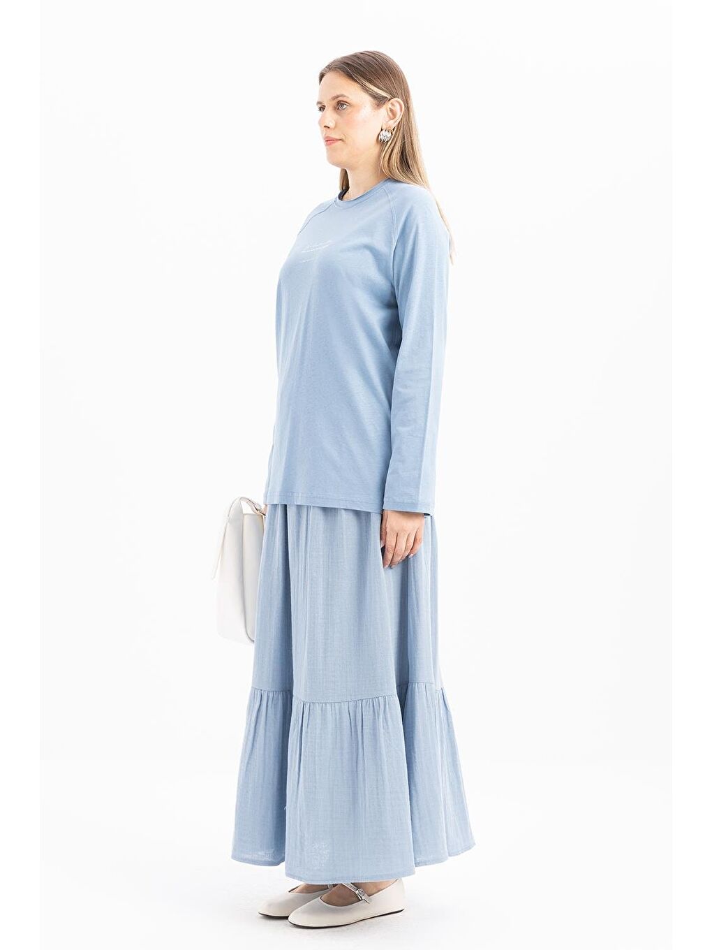 Beyaz Mavi-Pis Dikiş Detaylı Baskılı T-Shirt-2