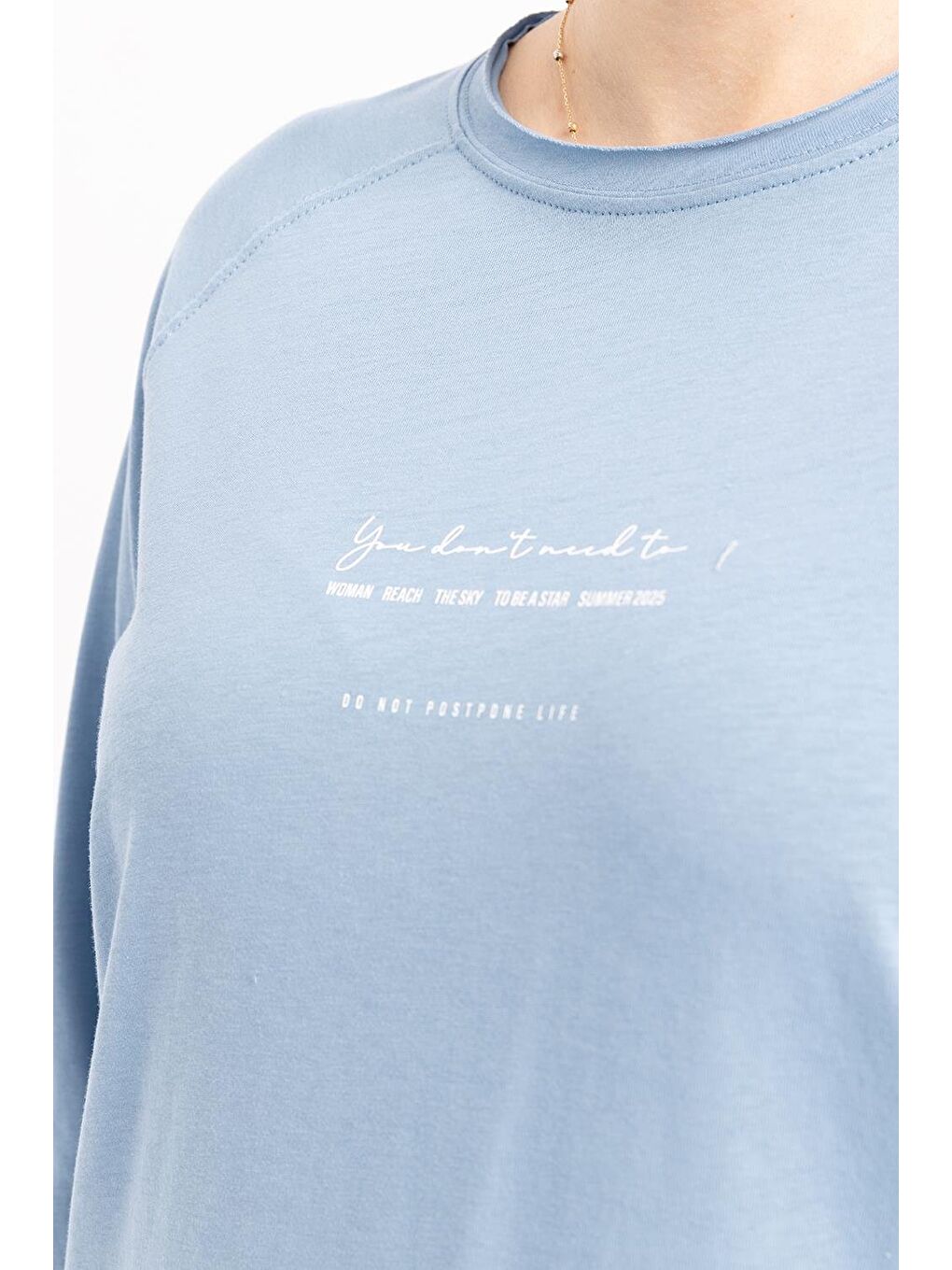 Beyaz Mavi-Pis Dikiş Detaylı Baskılı T-Shirt-4