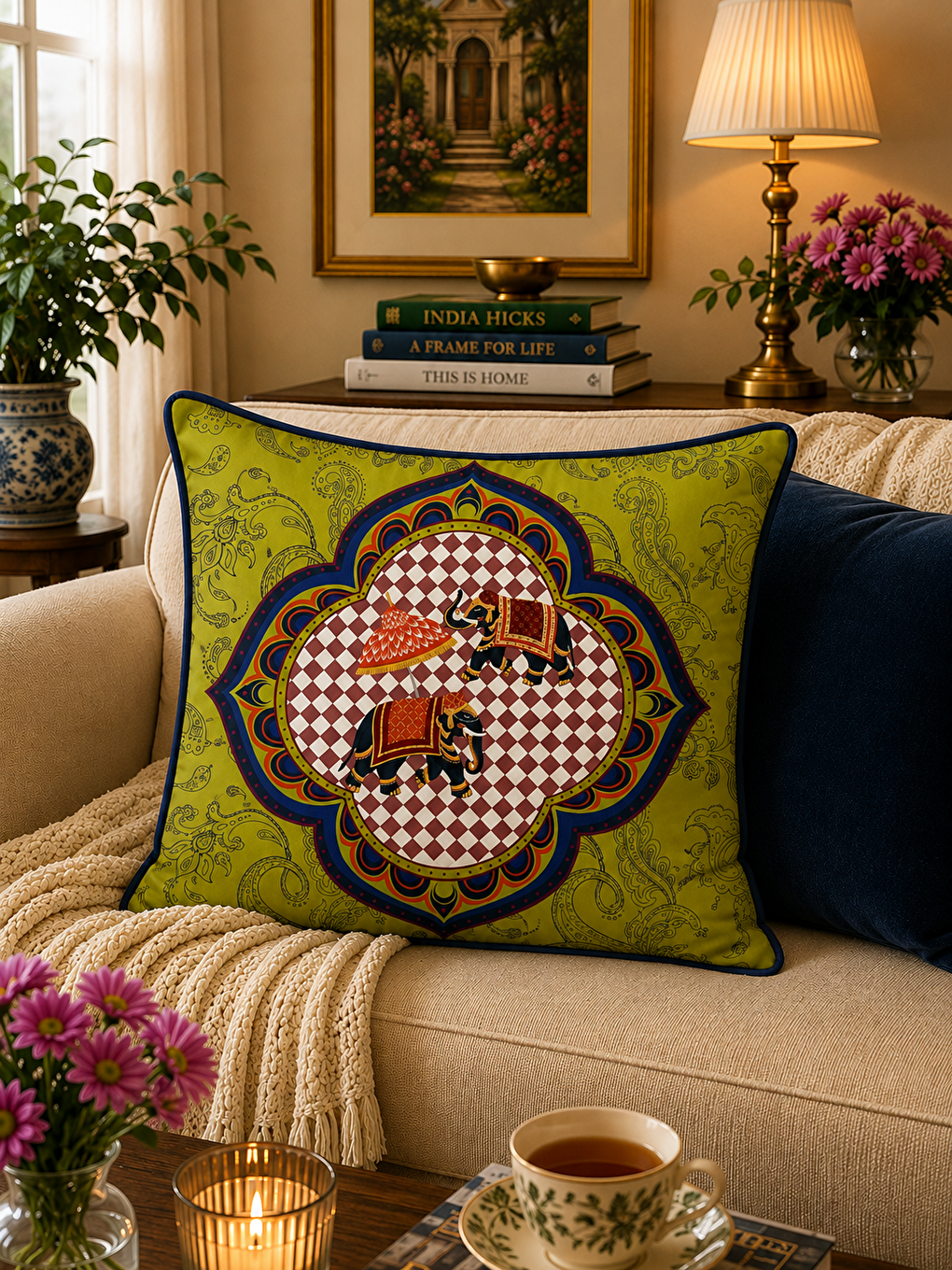 Lacivert Etnik Hint Temalı Fil Figürlü Şal Desenli Biyeli Çeyizlik Dekoratif Kırlent Kılıfı 43x43-2