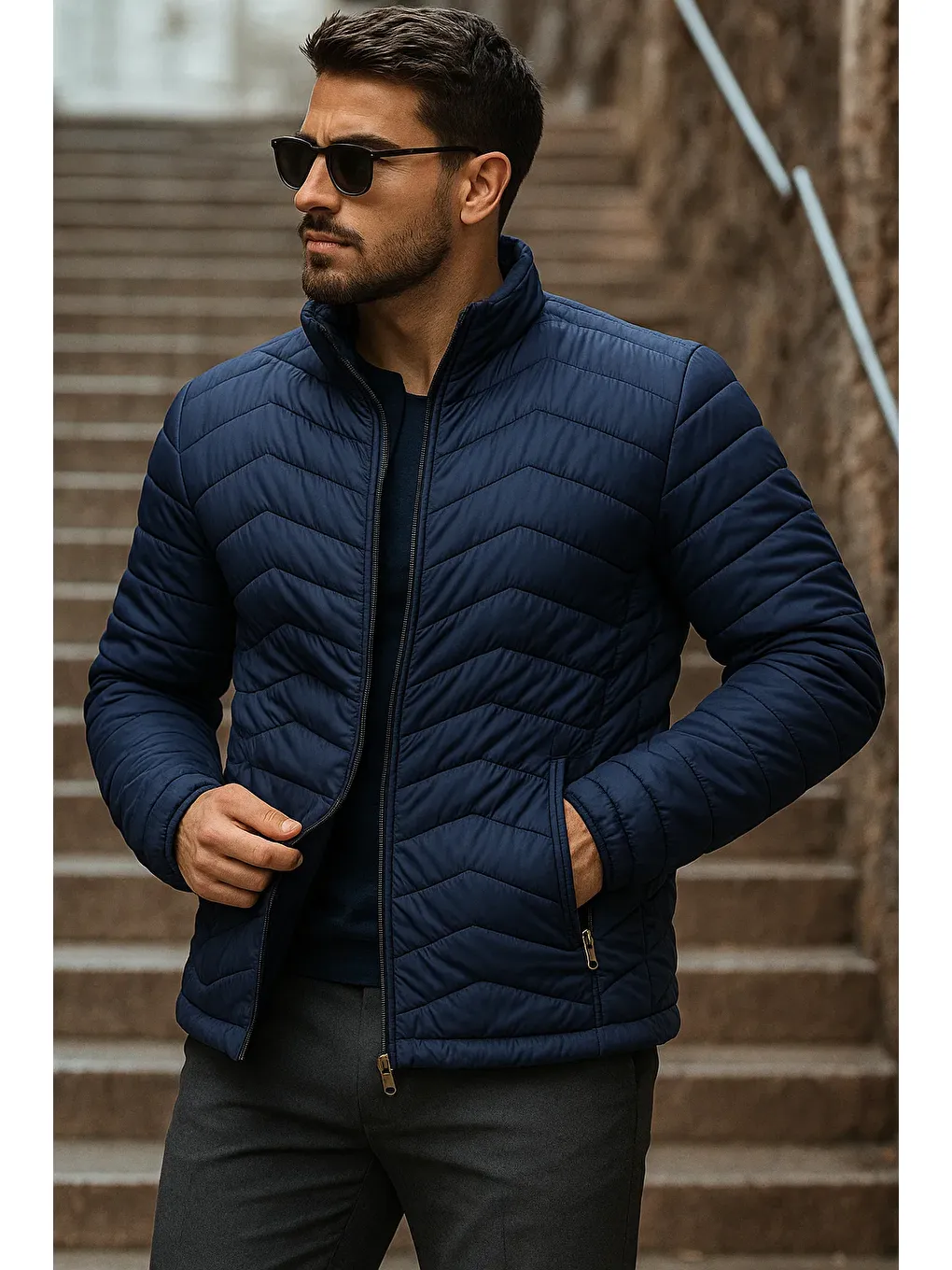 Erkek Kışlık Trend Lacivert Kapitone Şişme Mont-1