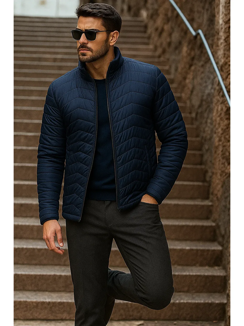 Erkek Kışlık Trend Lacivert Kapitone Şişme Mont-2