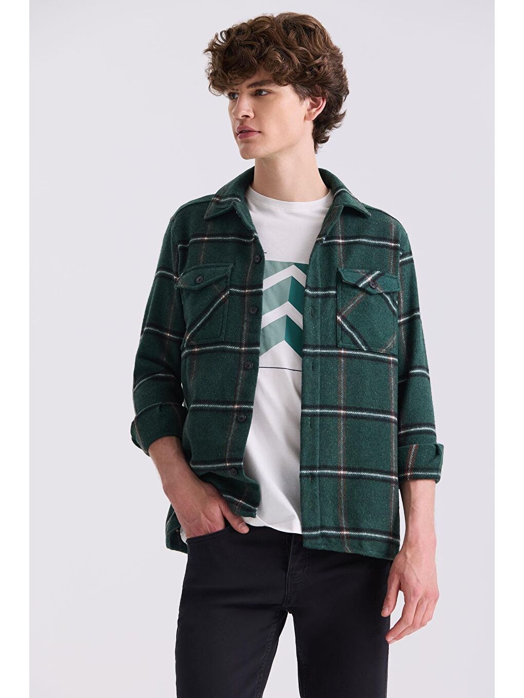 Haki Over Size Bol Kesim Ekose Desenli Pamuklu Cepli Oduncu Gömlek