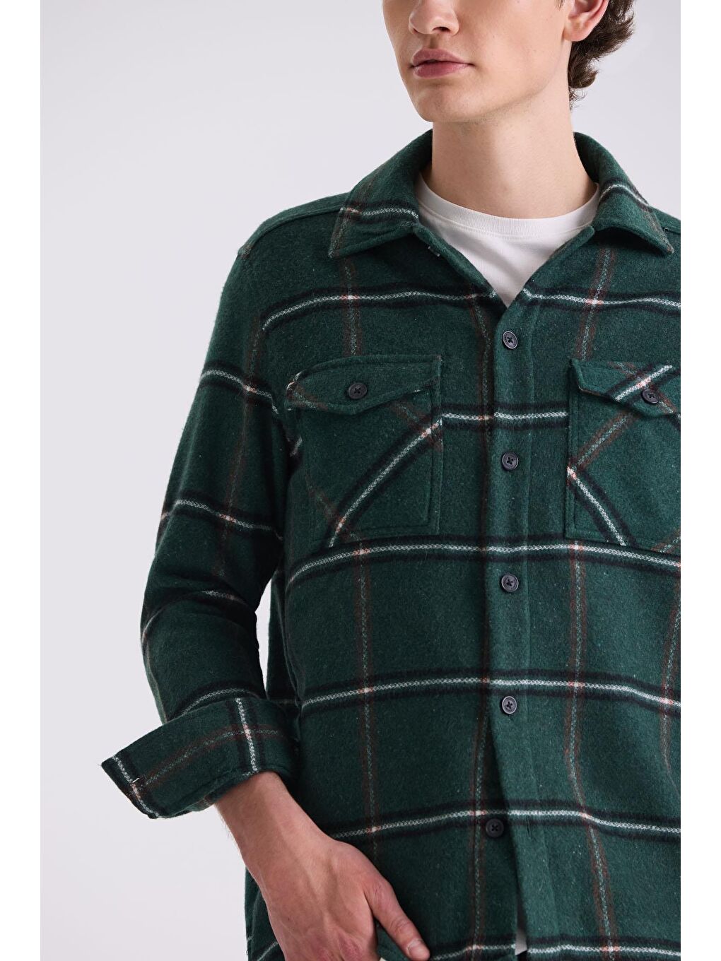 Haki Over Size Bol Kesim Ekose Desenli Pamuklu Cepli Oduncu Gömlek-2