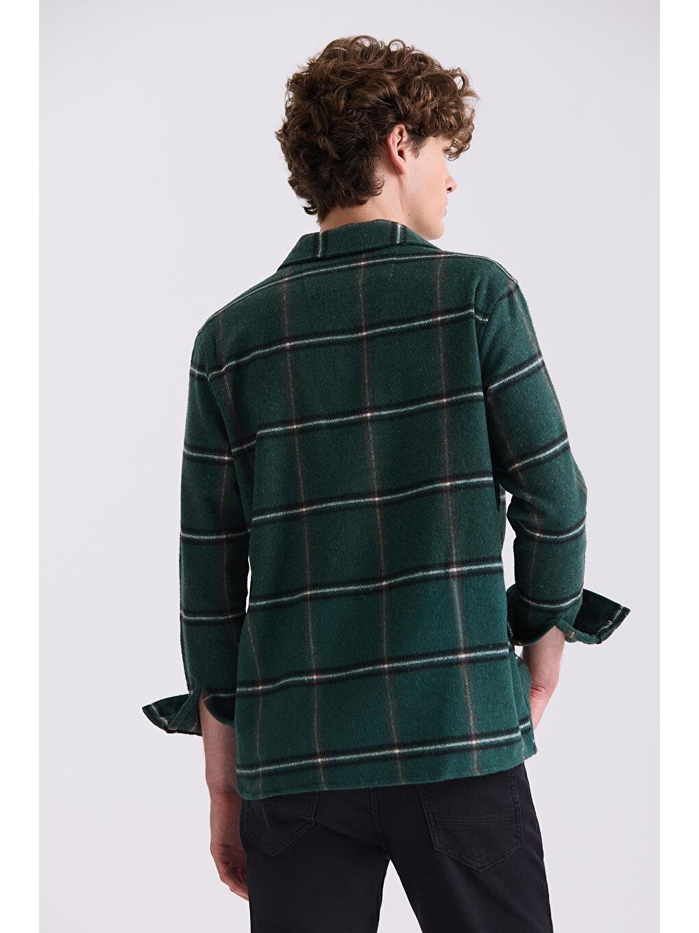 Haki Over Size Bol Kesim Ekose Desenli Pamuklu Cepli Oduncu Gömlek-3