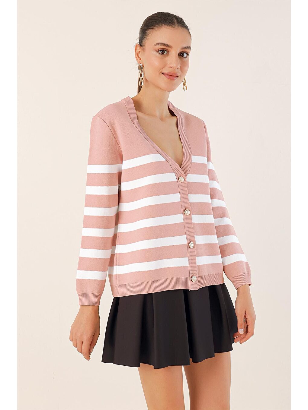 Pembe 15831 Çizgili Basic Triko Hırka - Pudra