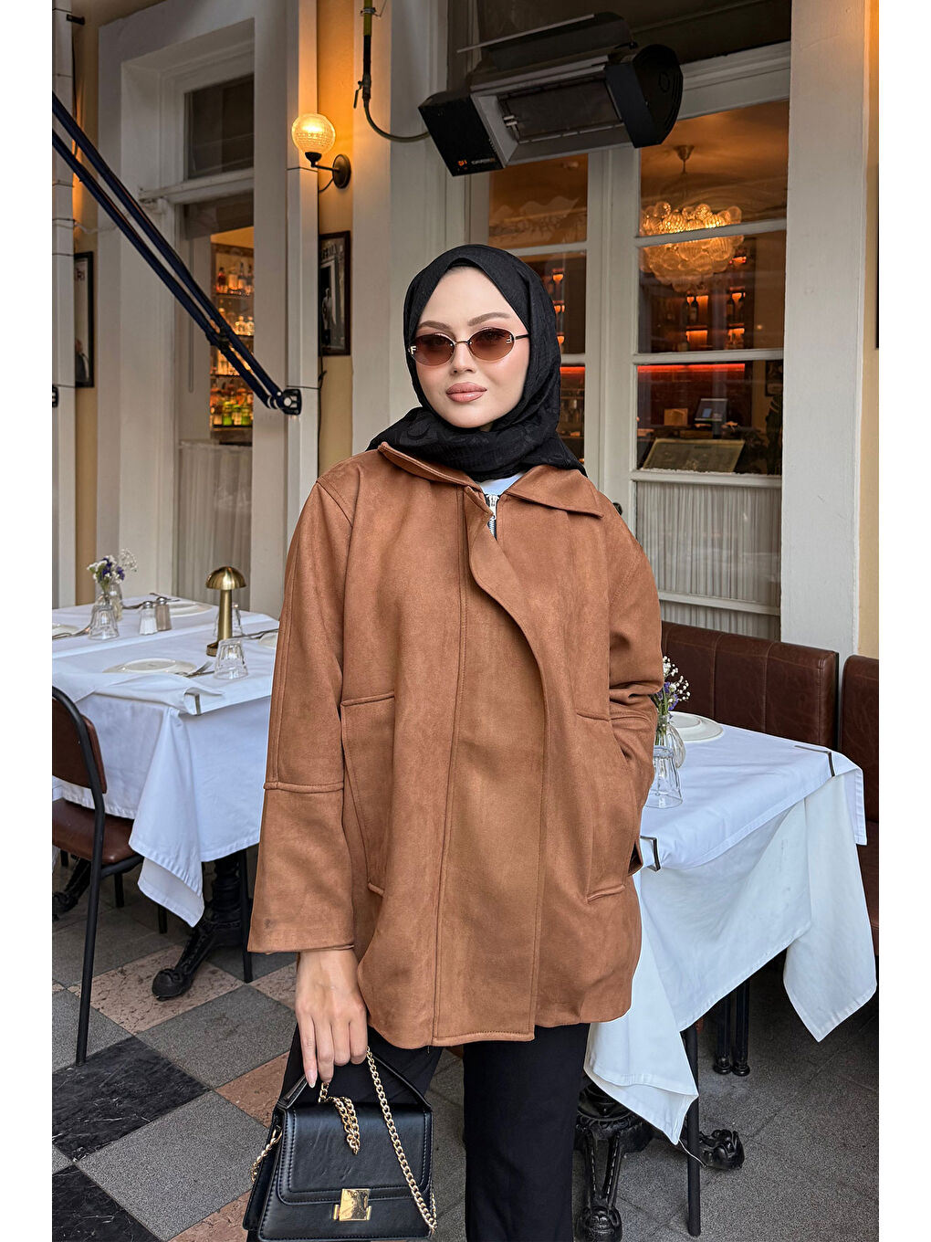 Kahverengi Kadın Fermuarlı Süet Ceket Taba
