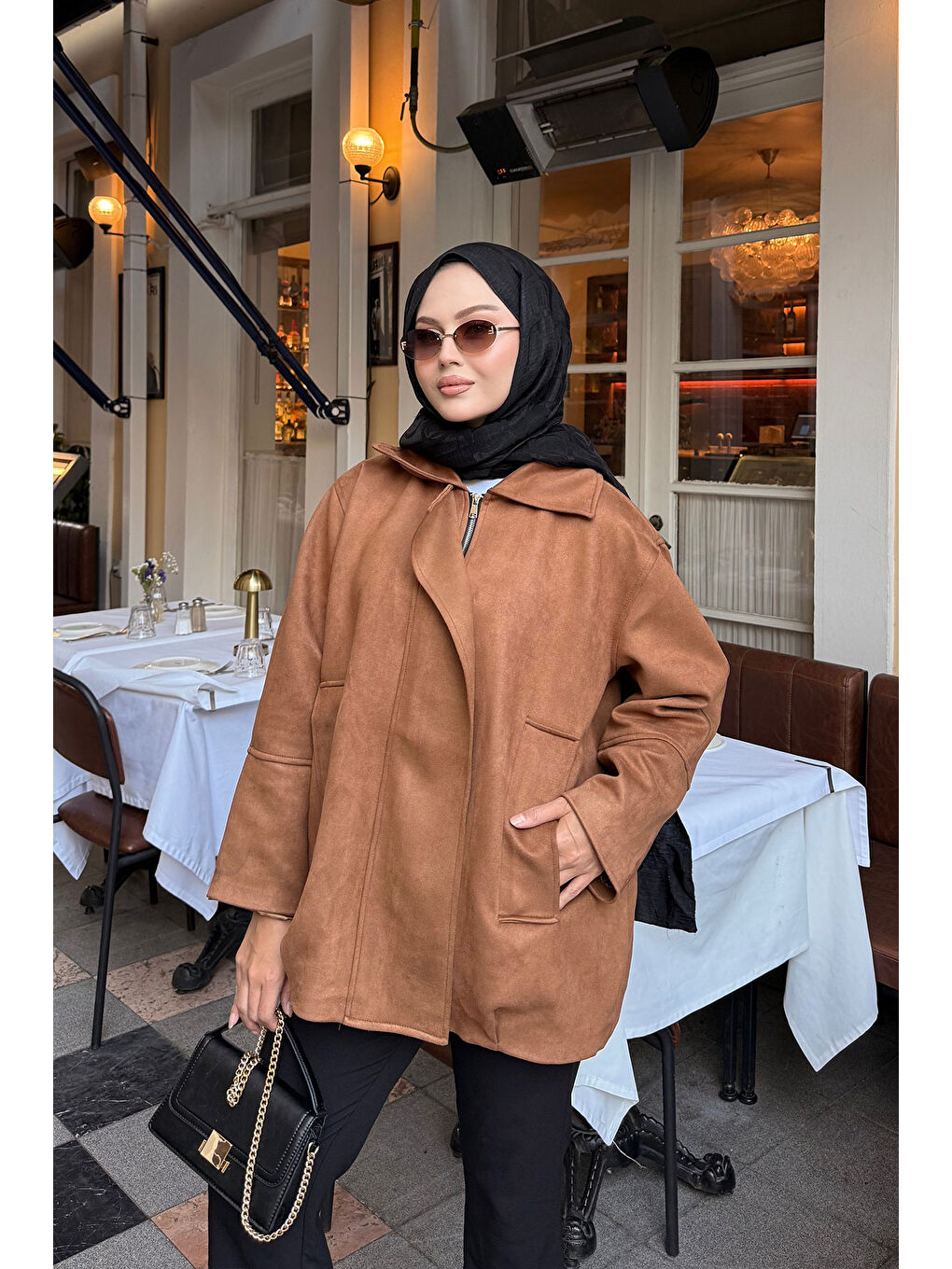 Kahverengi Kadın Fermuarlı Süet Ceket Taba-1
