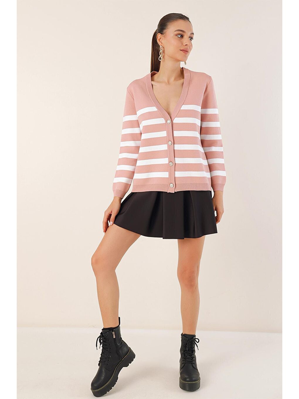 Pembe 15831 Çizgili Basic Triko Hırka - Pudra-1