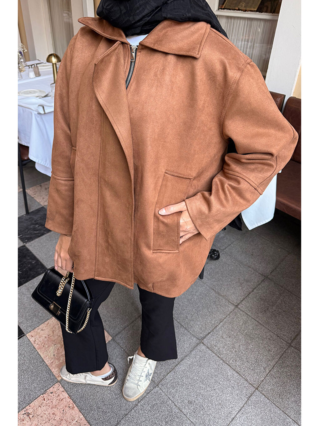 Kahverengi Kadın Fermuarlı Süet Ceket Taba-4