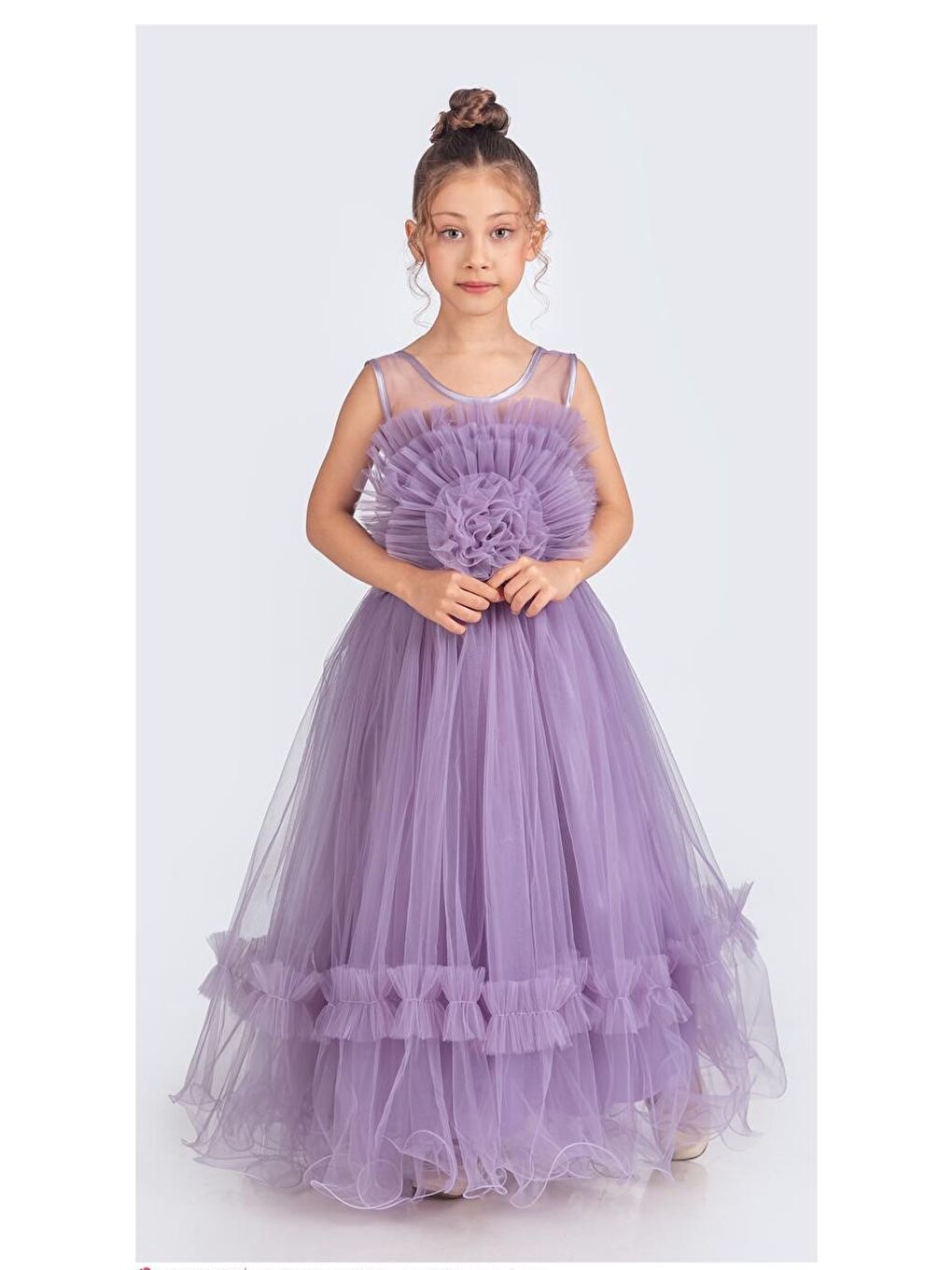 Siyah Uzun Etekli , Askılı Kız Cocuk Gül Motif Abiye Elbise M00670-6