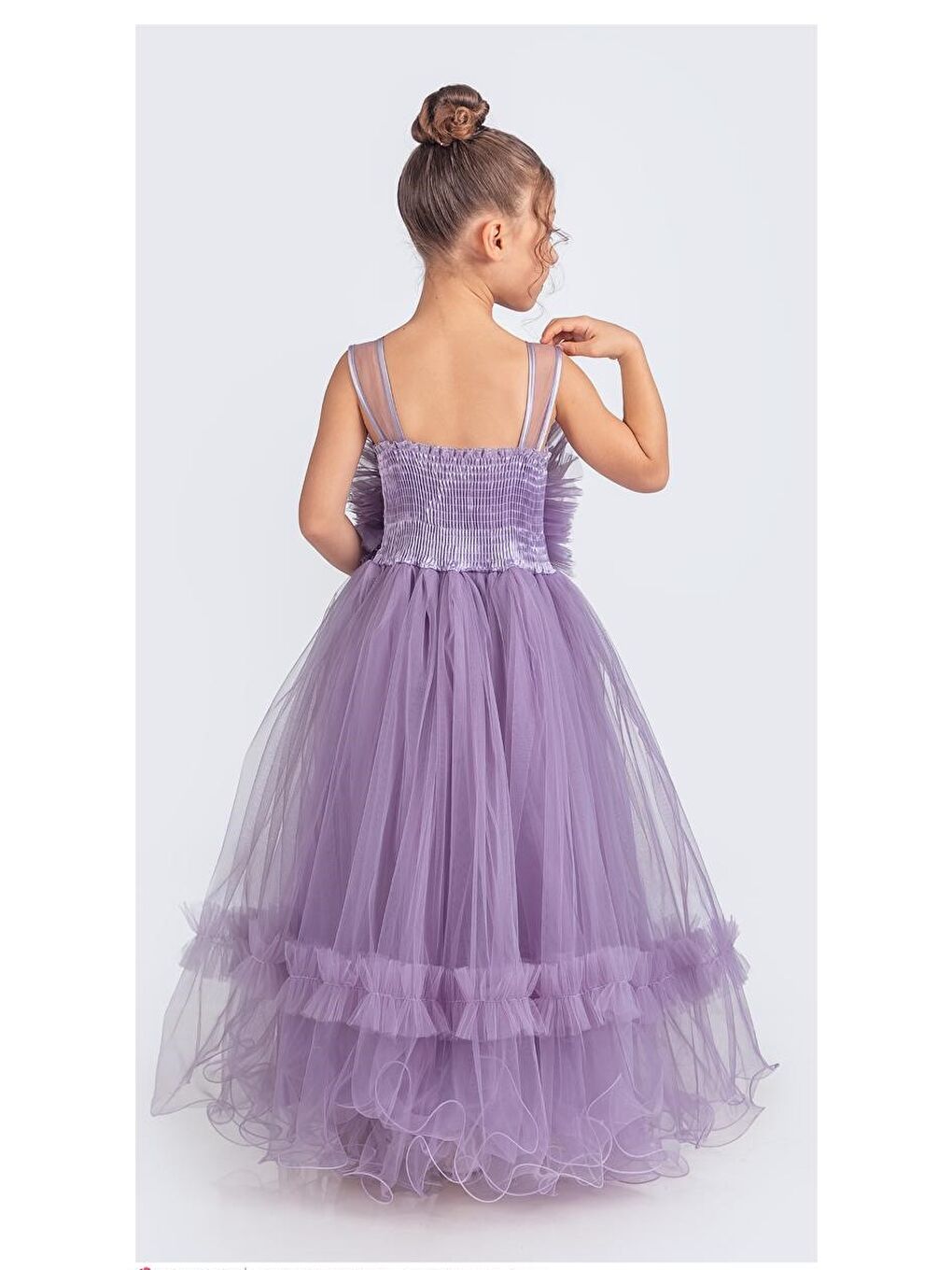 Siyah Uzun Etekli , Askılı Kız Cocuk Gül Motif Abiye Elbise M00670-8