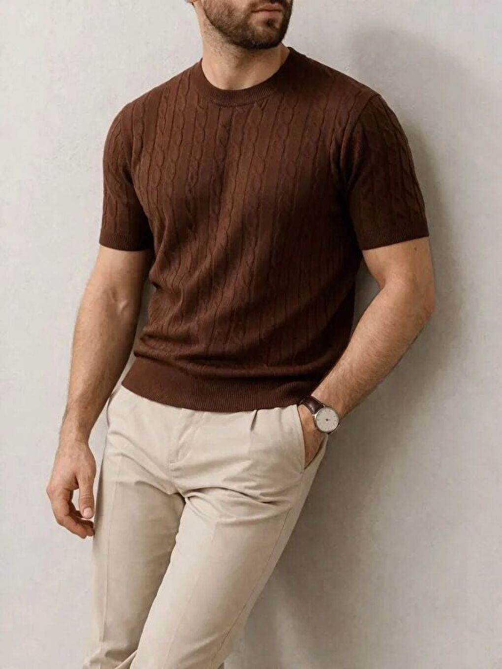 Kahverengi Erkek Yazlık Triko Dokuma Tişört