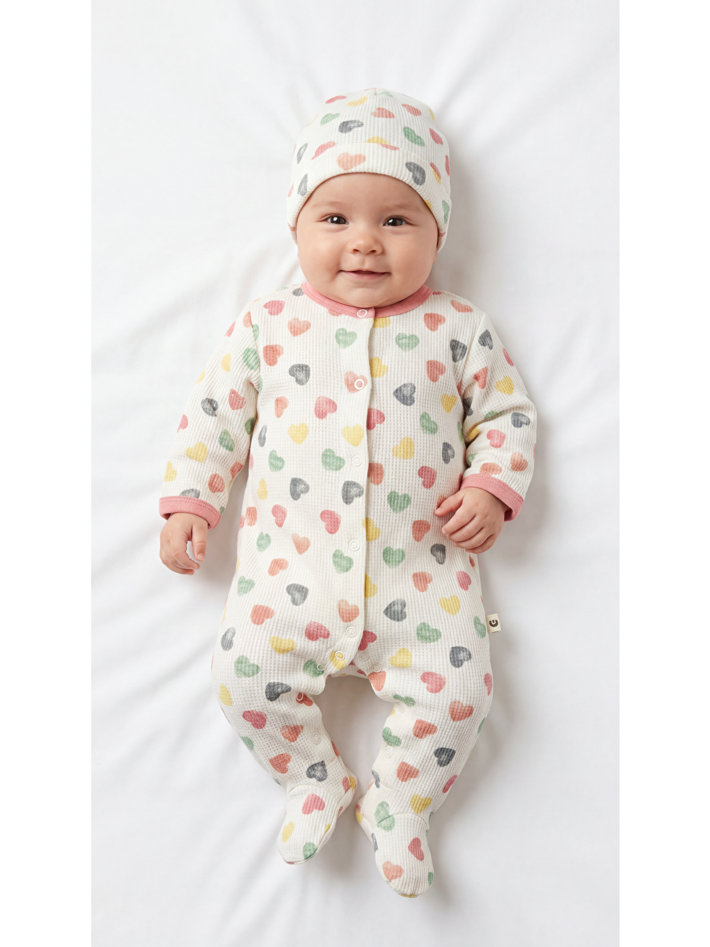 Ekru Tüm Alan Kalp Desenli 3'Lü Kız Bebek Yenidoğan Takımı-1