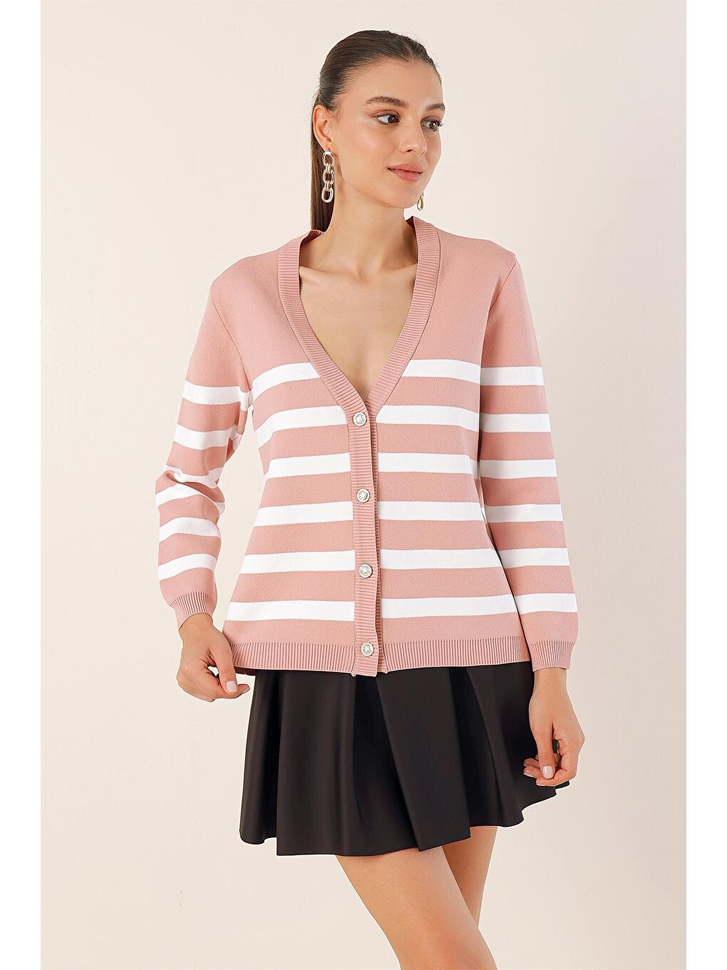 Pembe 15831 Çizgili Basic Triko Hırka - Pudra-2