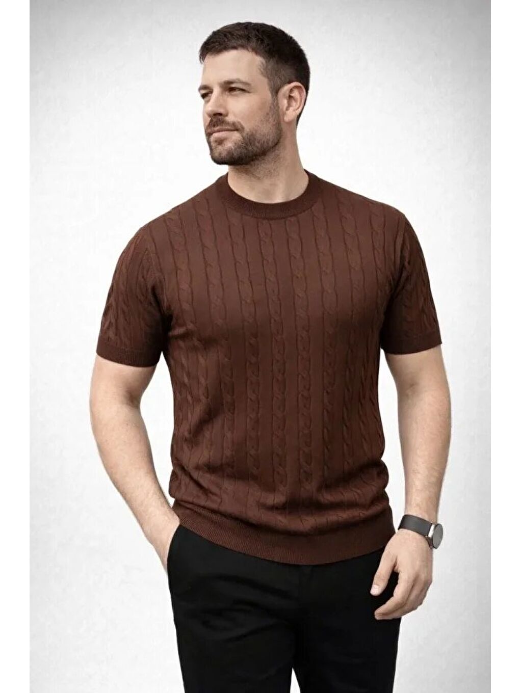 Kahverengi Erkek Yazlık Triko Dokuma Tişört-1