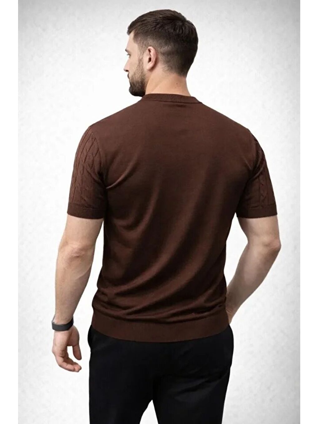 Kahverengi Erkek Yazlık Triko Dokuma Tişört-2