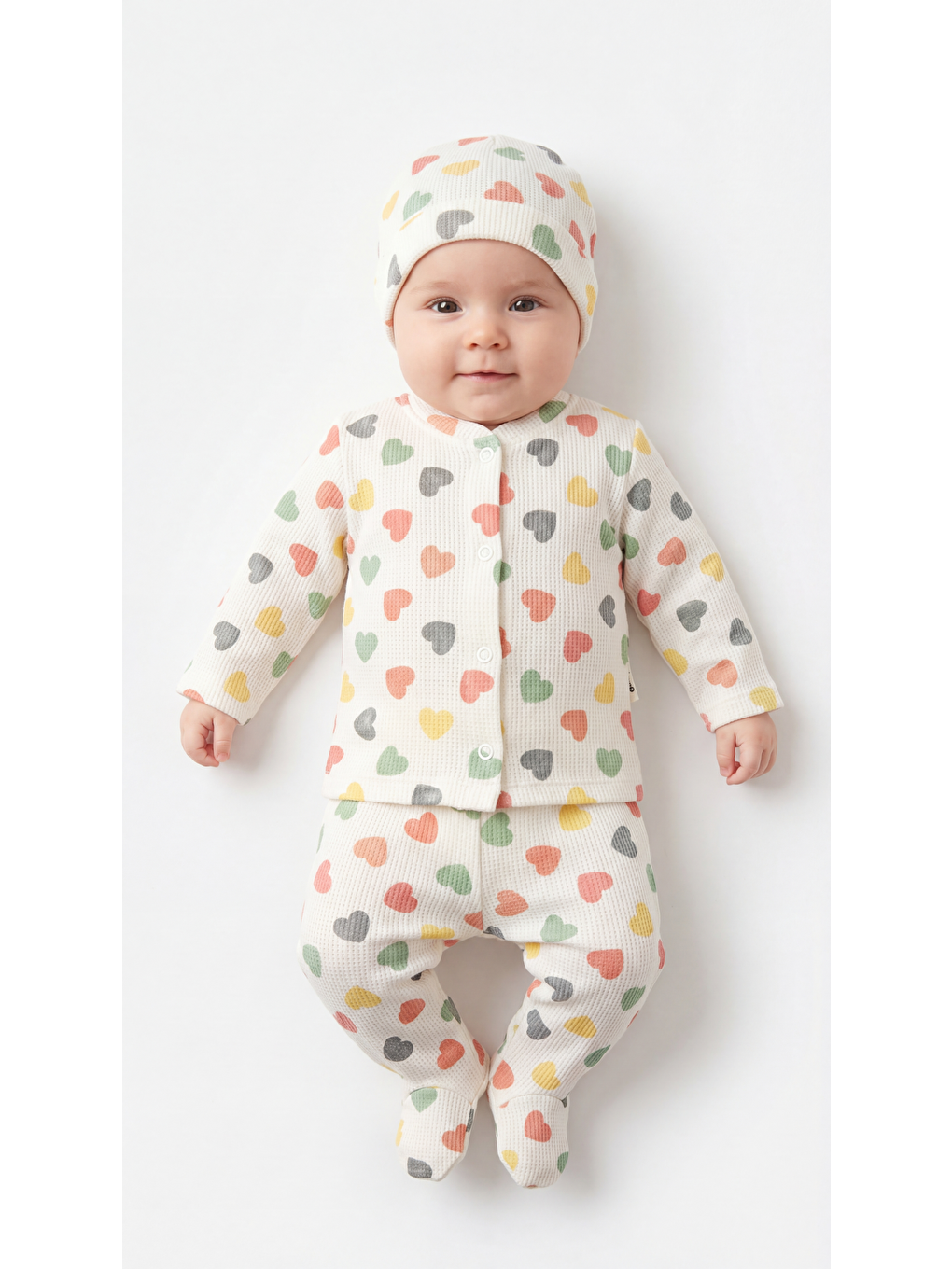 Ekru Tüm Alan Kalp Desenli 3'Lü Kız Bebek Yenidoğan Takımı-2