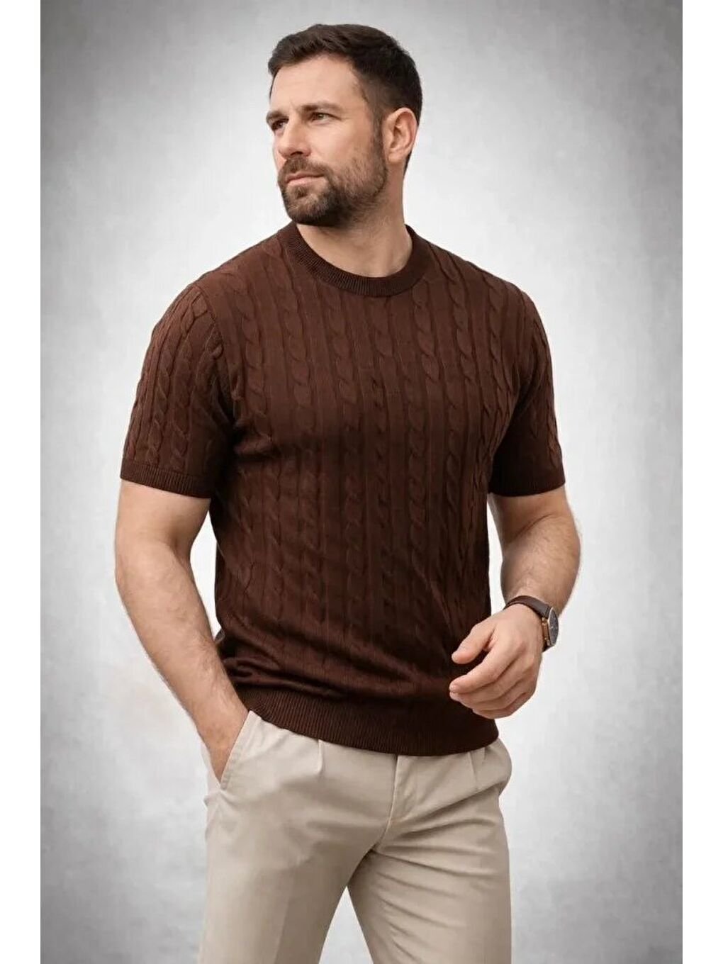 Kahverengi Erkek Yazlık Triko Dokuma Tişört-3