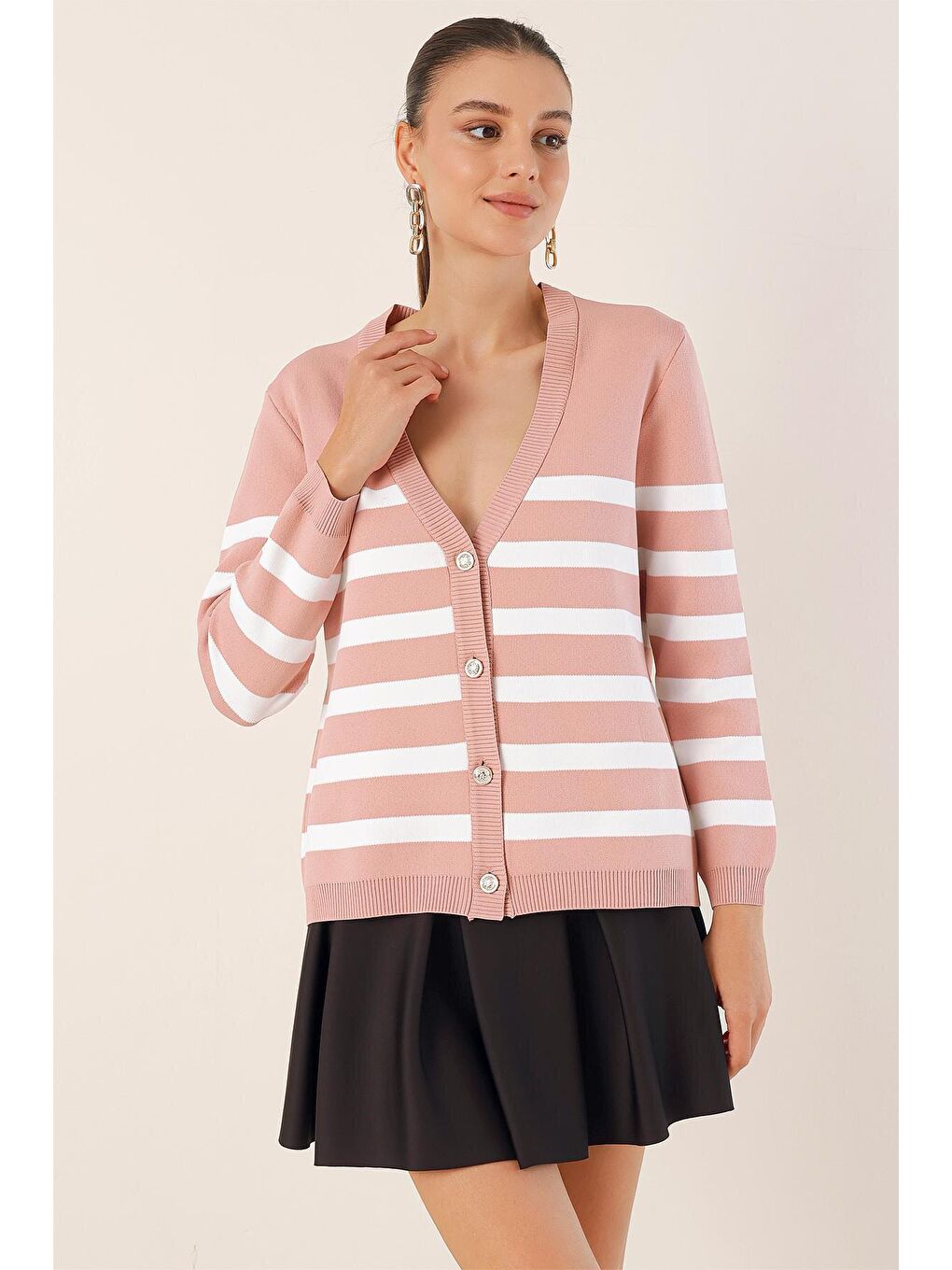 Pembe 15831 Çizgili Basic Triko Hırka - Pudra-3