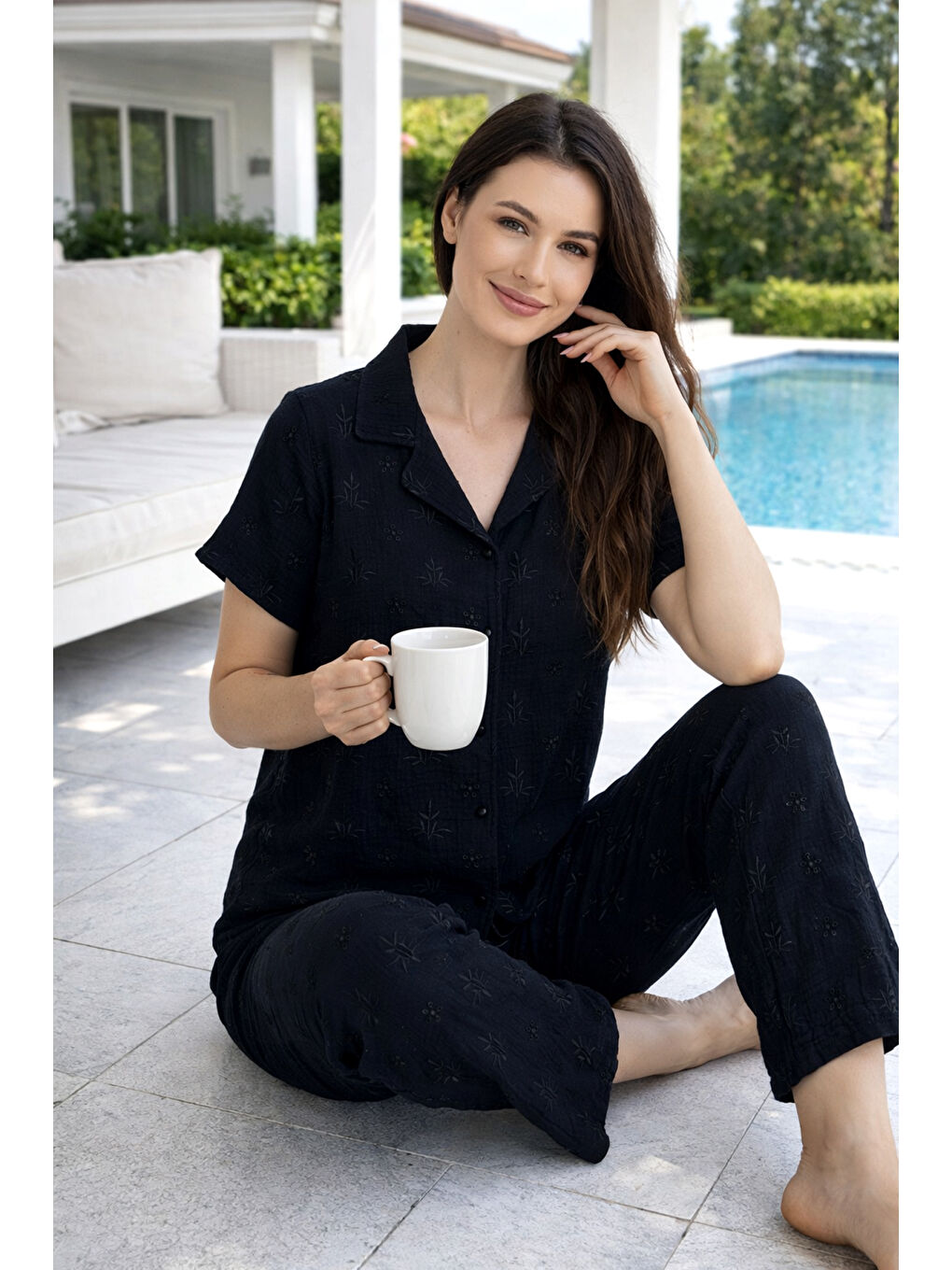 Kadın Nakış Detay Kısa Kol Müslin Kumaş Pijama Takımı 9003 Siyah01-1