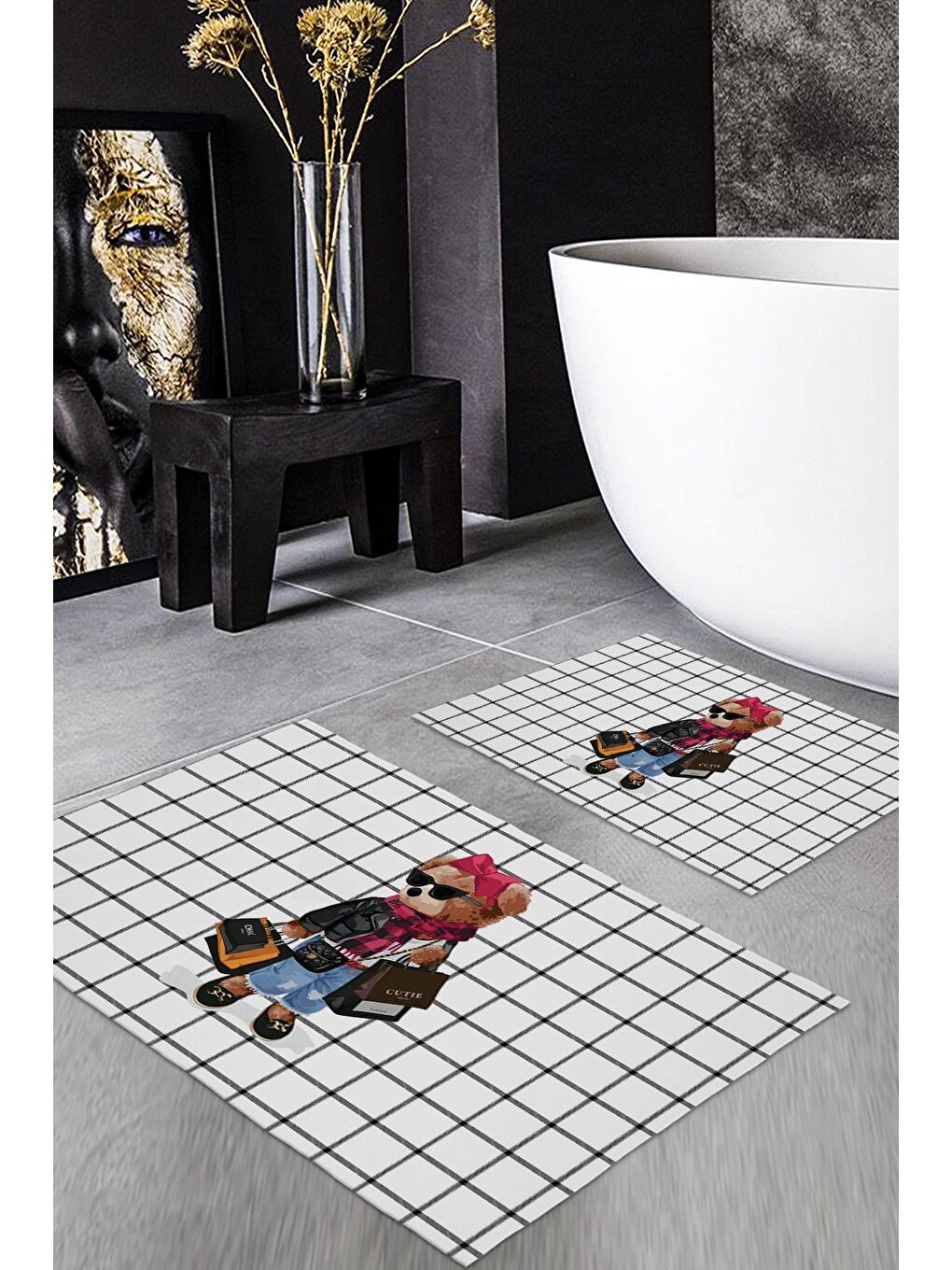 Karışık Teddy Bear Desenli 2 li Kaydırmaz Banyo Paspas Seti-1