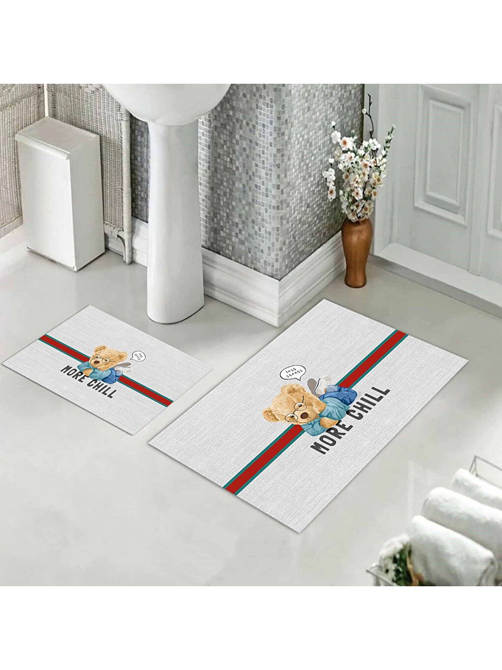 Karışık Teddy Bear Desenli 2 li Kaydırmaz Banyo Paspas Seti