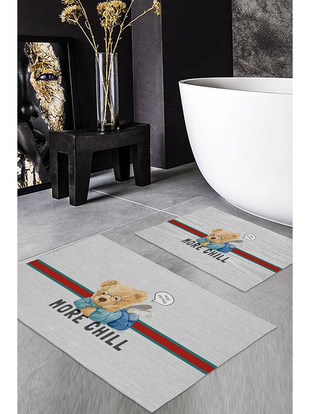 Karışık Teddy Bear Desenli 2 li Kaydırmaz Banyo Paspas Seti-1