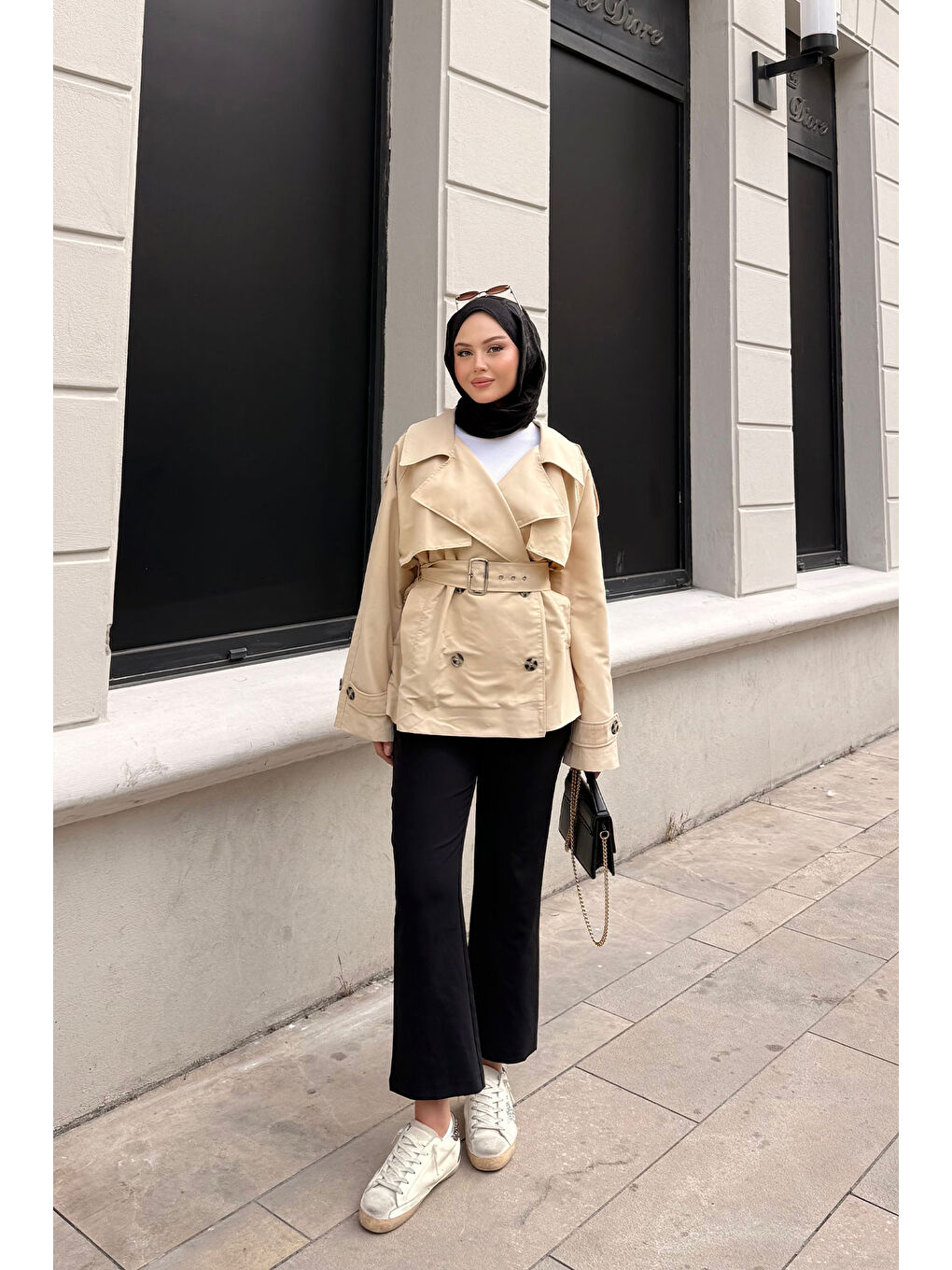 Ekru Kadın Kemer Detay Kısa Trenç Krem-1