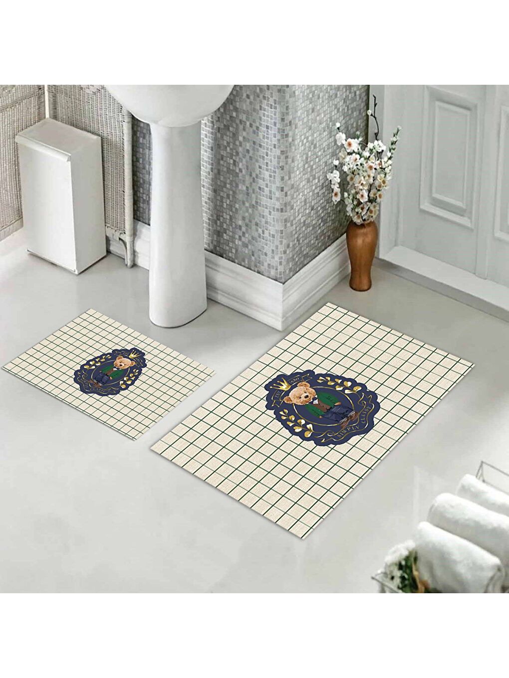 Karışık Teddy Bear Desenli 2 li Kaydırmaz Banyo Paspas Seti