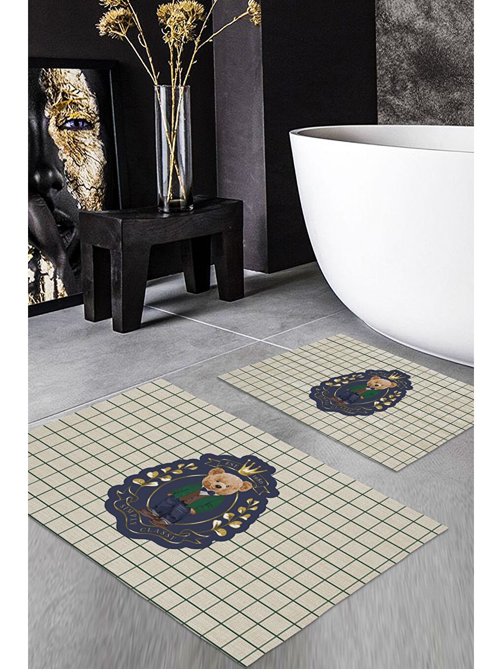 Karışık Teddy Bear Desenli 2 li Kaydırmaz Banyo Paspas Seti-1