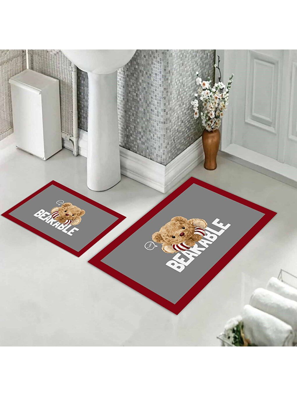 Karışık Teddy Bear Desenli 2 li Kaydırmaz Banyo Paspas Seti