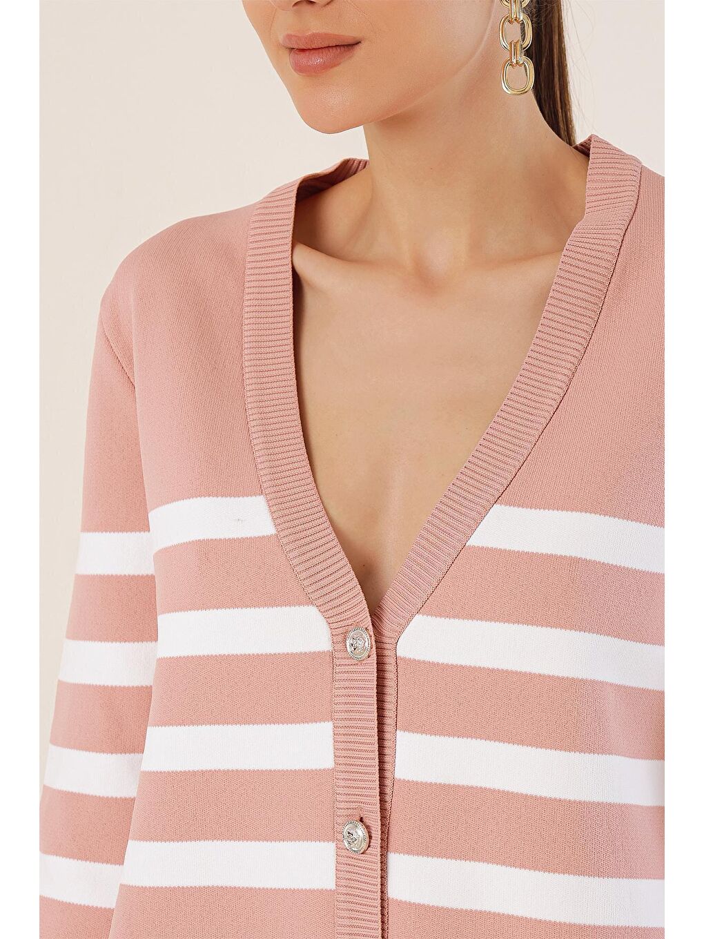 Pembe 15831 Çizgili Basic Triko Hırka - Pudra-4