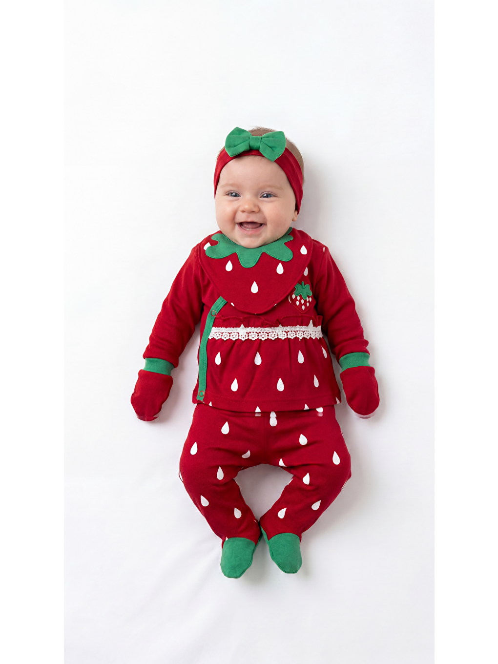 Kırmızı Çilek Desenli 5'Li Kız Bebek Yenidoğan Takımı-1