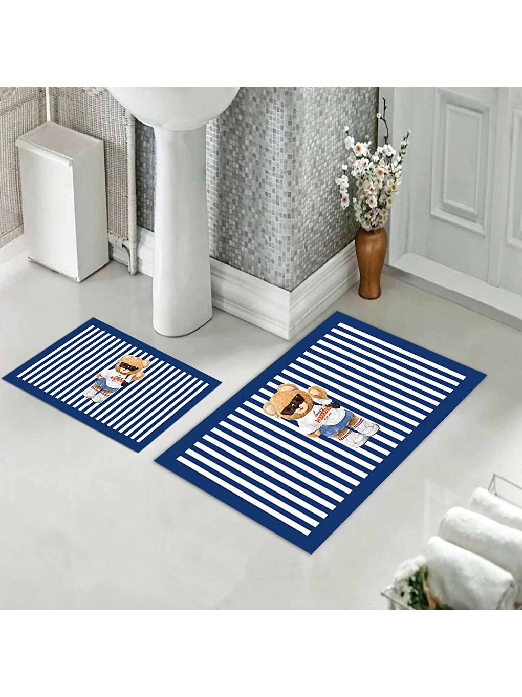 Karışık Teddy Bear Desenli 2 li Kaydırmaz Banyo Paspas Seti